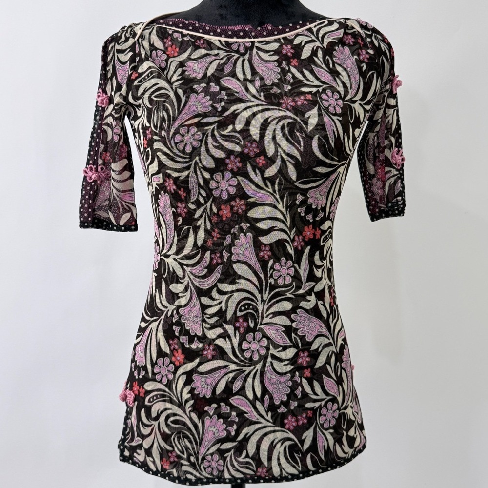 ANAC by Kimmy Y2K Micro Mesh Top Size M Brown Floral Polka Dots Fairy Grunge